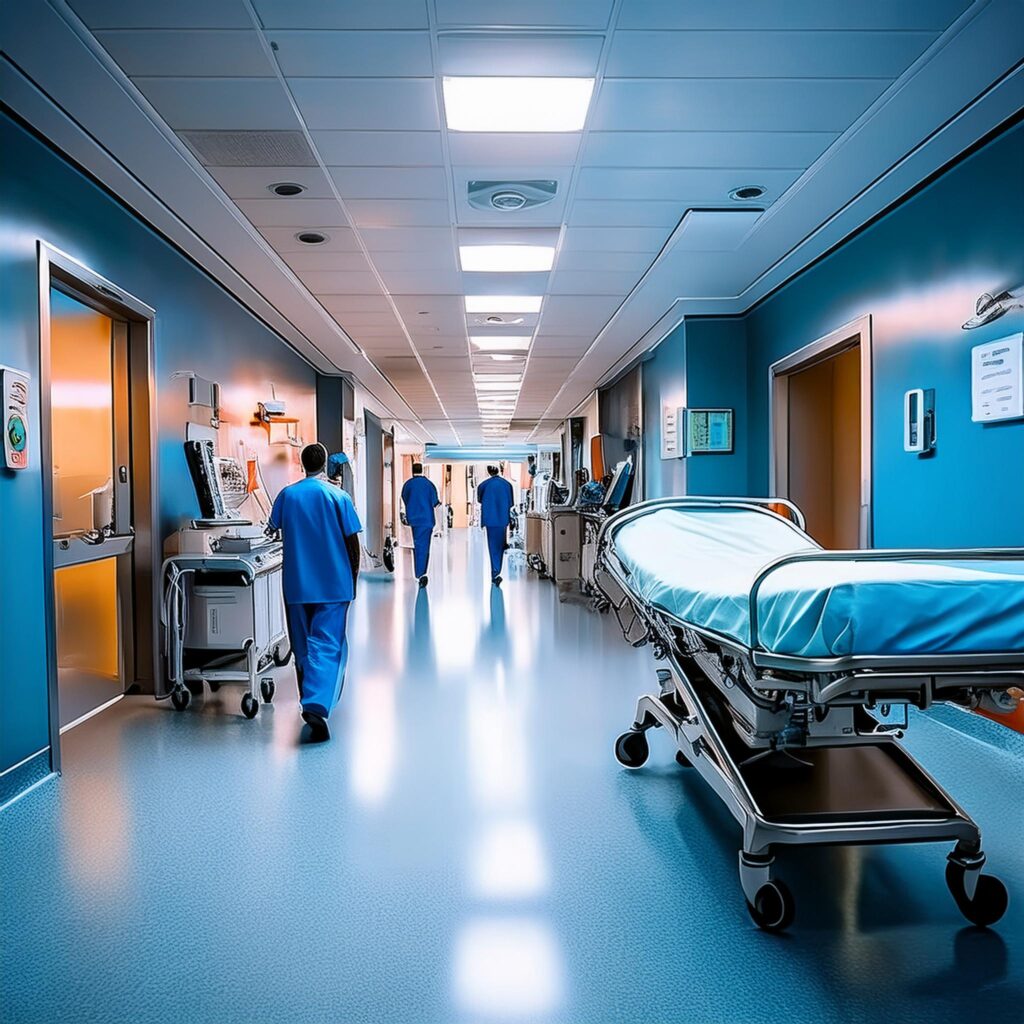 Firefly Stretcher inside busy ER department of a US hospital. Show staff in the background. 77819